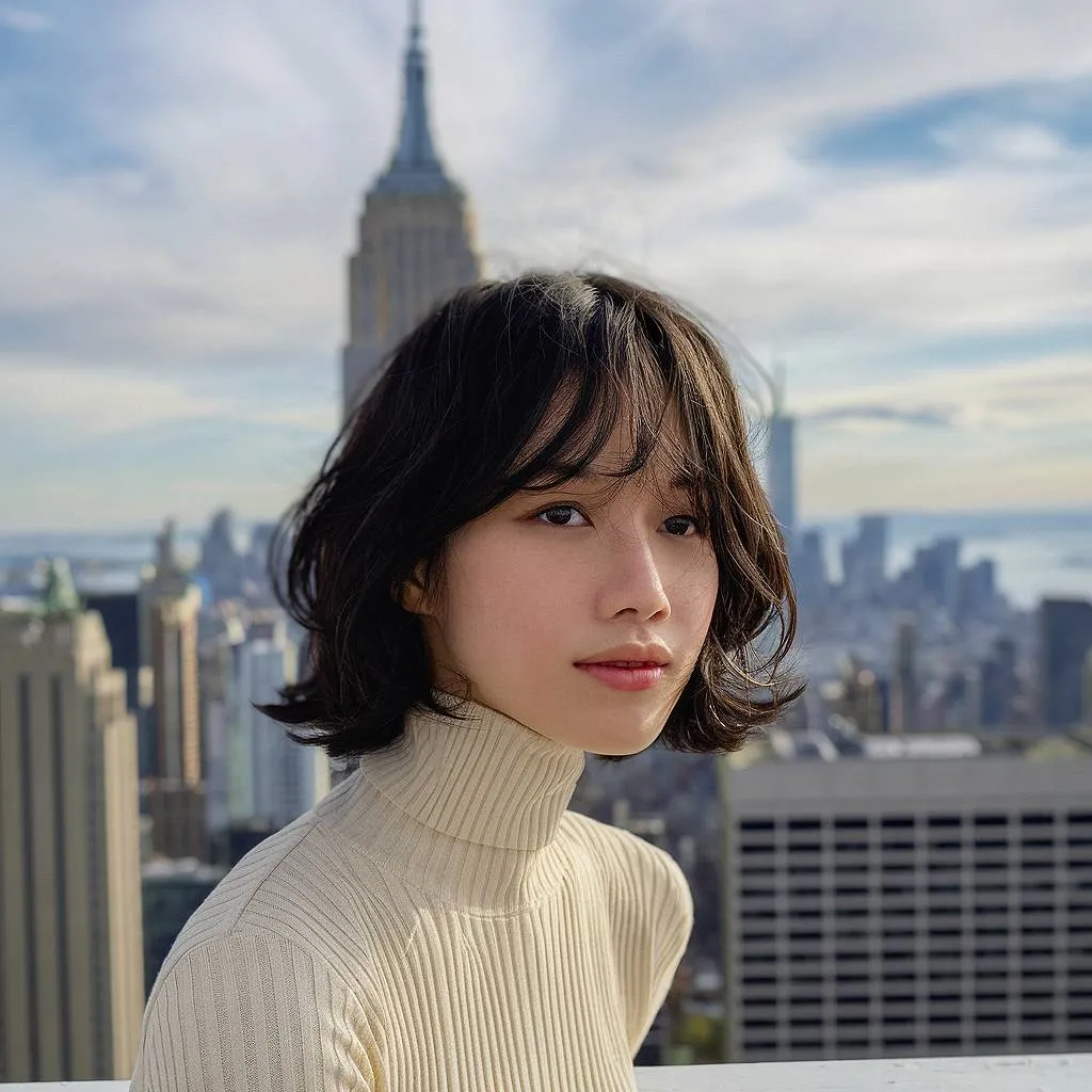 בוב גלי עד הסנטר עם פוני מסגור פנים מנוצות ומרקם מעורער למראה שיק בהשראה פריזאית' title=