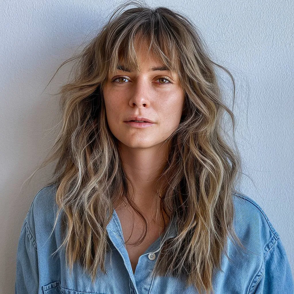 שיער בעל מרקם באורך בינוני עם פוני נטוש ושכבות רכות לגימור טבעי עצבני' title=