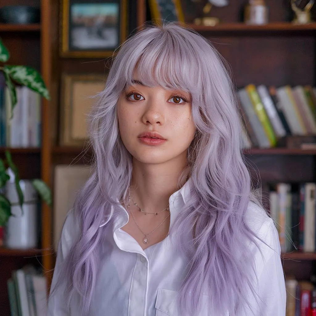 גלי אזוביון פסטליים ארוכים עם פוני חלק אוורירי היוצרים תסרוקת אוורירית חלומית עם תנועה רכה' title=