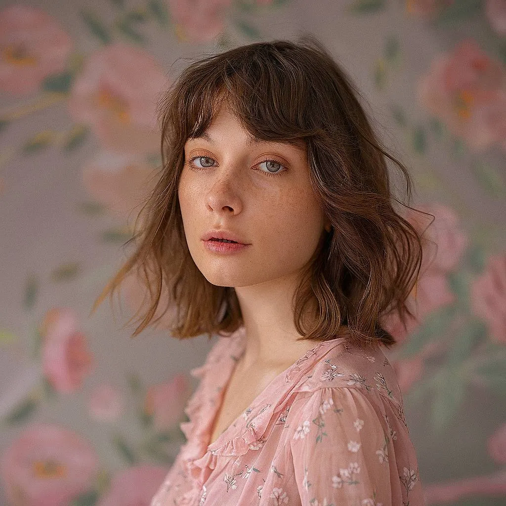 בוב ברונטית קצר מפותל עם פוני מתנופף וגלים טבעיים רכים למראה נשי ללא מאמץ.' title=