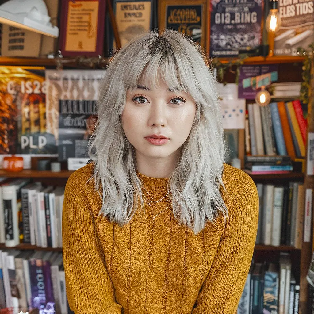 שיער בלונדיני פלטינה גלי באורך בינוני עם פוני מעורבב צמרירי לסגנון אתרי מודרני.' title=