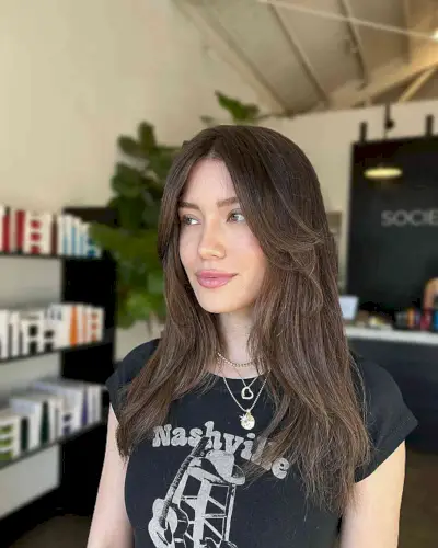 Long Curtain Fringe for Long Faces with Straight Hair and Layers on mid-length hair