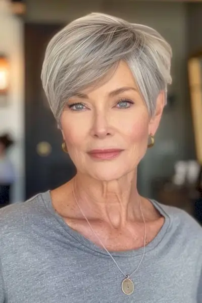 Grey Pixie with Side Bangs for Older Women