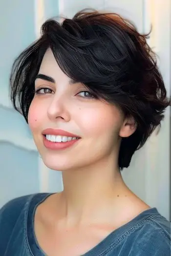 Coafura scurtă Pixie Bob cu breton cu pene.