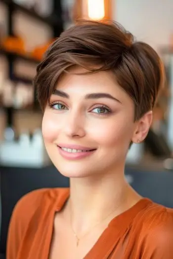 Coafura scurtă Pixie cu breton.