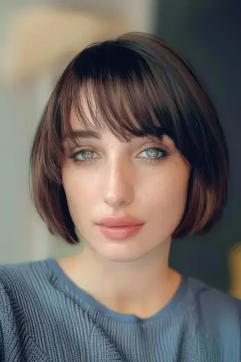 Bob până la bărbie, coafură scurtă cu breton.