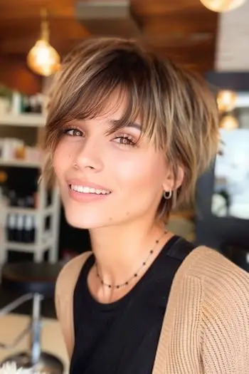 Coafura scurtă pixie lungă ciufulită.