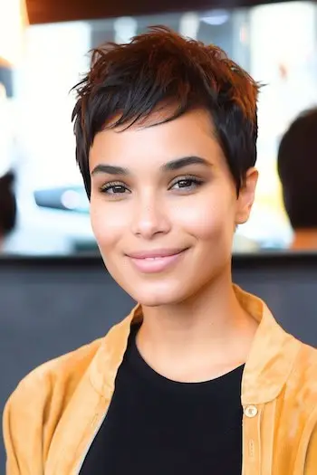 Coafura scurtă Pixie cu micro breton.