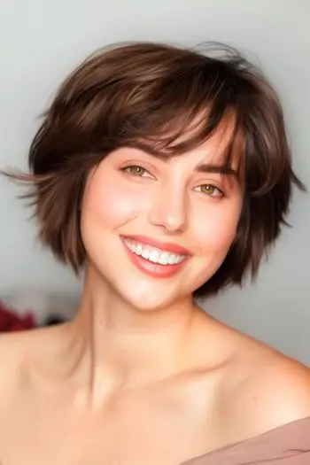 Coafura scurtă rotunjită, scurtă, cu pene.