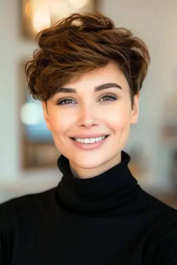 Coafura scurtă Pixie cu pene cu breton.