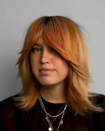 Dimensional Copper Blonde Bottleneck Fringe and Cut
