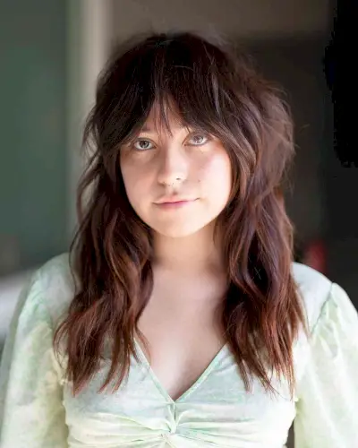 Choppy Disheveled Shag with Bottleneck Bangs for Round Faces