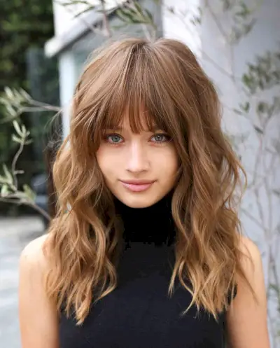 Light Brown Undone Waves with Thin Bangs