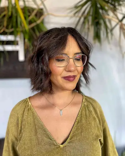 Short Textured bob with Soft Curtain Fringe on women who wear eyeglasses