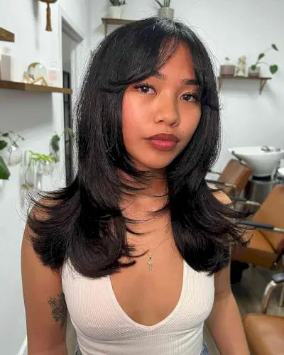 Curtain Fringe and Layers on a mid-length cut for fine hair