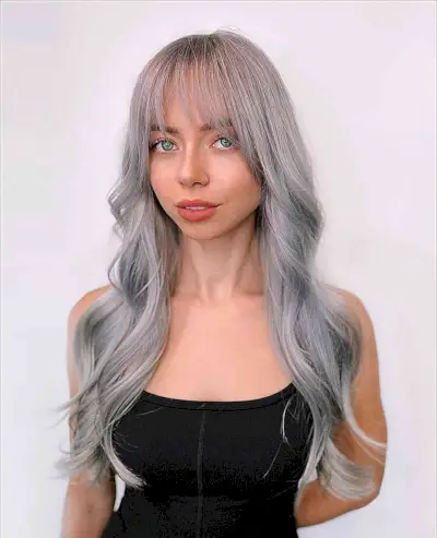 Longer-Length Wavy Gray Hair with French Long Bangs