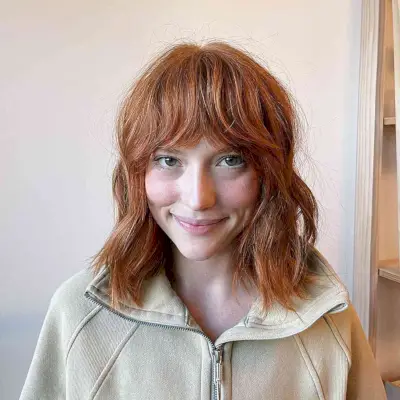 Textured Long Bob with French Bangs for Diamond Face Shapes