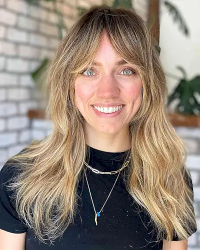 Medium to Long Face-Framing Layered Hair with French Bardot Bangs