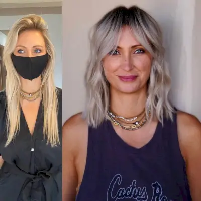 Before and after makeover with long curtain bangs