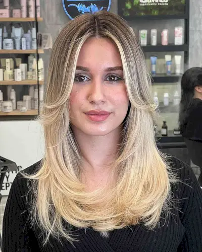 Stunning Collarbone-Length Layered Cut Blended with Long Curtain Bangs