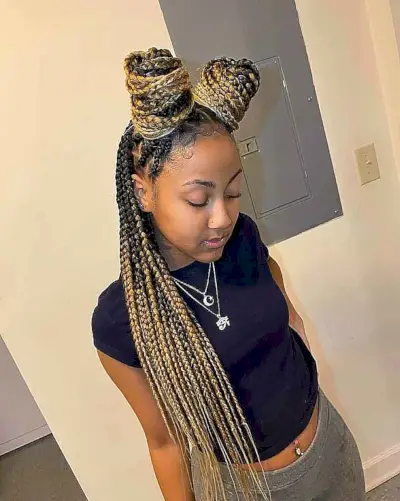 Box braided bun in half updo style