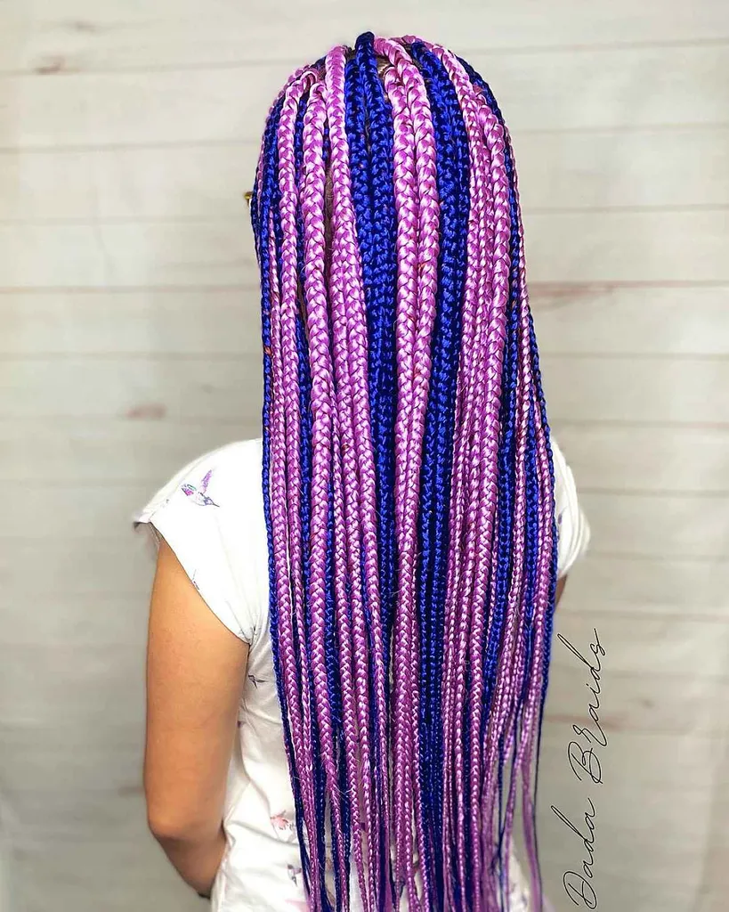 Lange doosvlechten met blauwe en roze tinten' title=