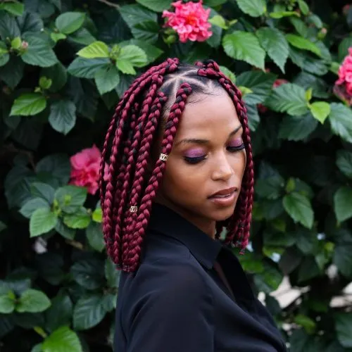 Red Short Bob Triangle Box Braids' title=
