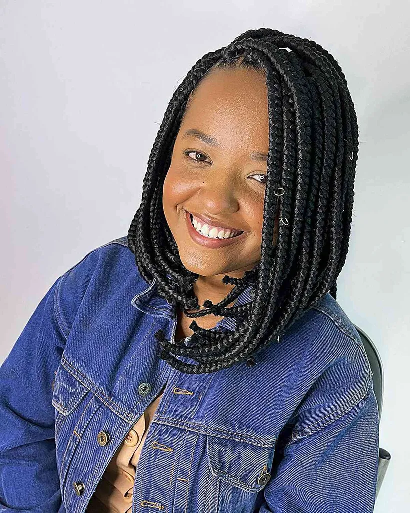 Bob mit Box Braids und silbernen Manschetten für schwarze Frauen' title=