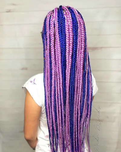 Long box braids with blue and pink hues
