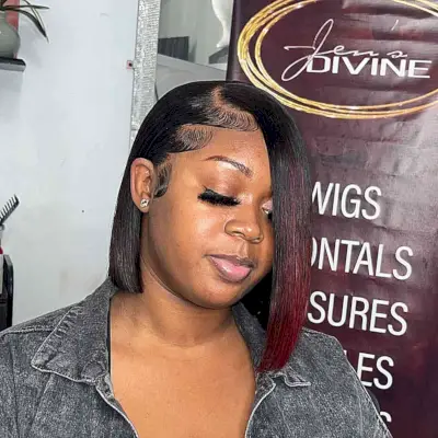 Bright Red Highlights on Layered Bob Short Weave