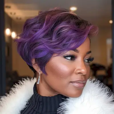 Vivid Short Purple Balayage Feathered Hair for Black Women