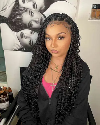 Long and Black Bohemian Knotless Braids with Swirled Edges