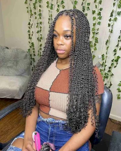 Very Long Middle Part Knotless Box Braids with Spiral Ends