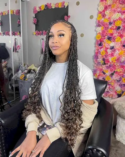 Waist-Length Deep Side Part Knotless Braids with Curls
