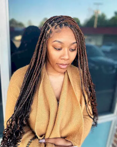 Long Dark-Rooted Warm Brown Knotless Box Braids with Wavy Ends