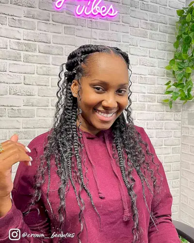 Long Half-Up Large Knotless Twists with Curly Strands