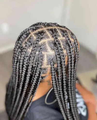 Very Long Neat Knotless Parted Braids on Dark Hair