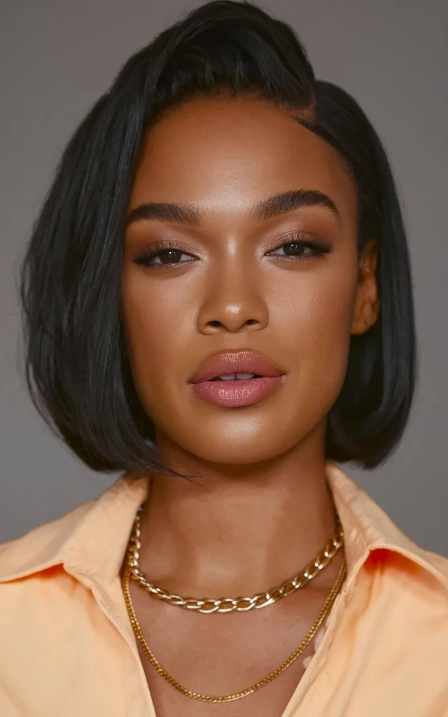 Capelli naturali a caschetto pressati in seta con lucentezza elegante e consistenza liscia' title=