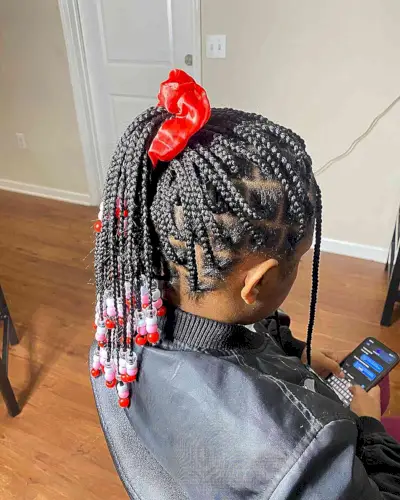 Knotless Box Braided High Ponytail with Red Beads for Medium Hair