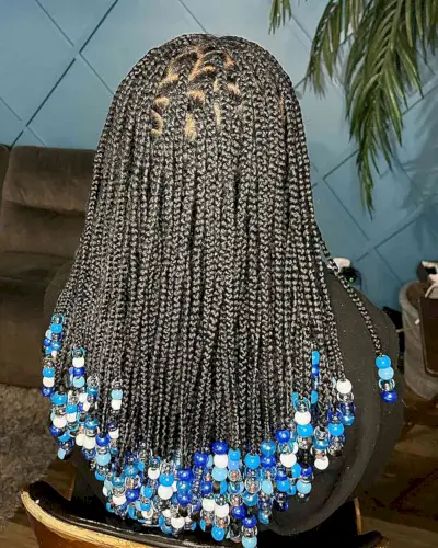 Thick Knotless Braids with Blue Beads for Medium to Long Black Hair