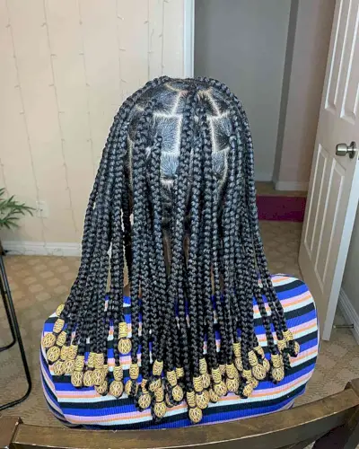 Medium-Length Knotless Box Braids with Wooden Beads