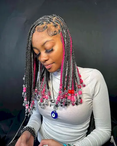 Mid-Length Colored Knotless Braids and Beads with Sleek Edges