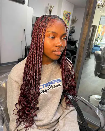 Cherry Red Knotless Medium-Sized Long Braids with Center Part