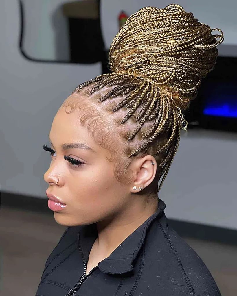 Dimensionaal blond voor kleine knotloze boxvlechten in een enorme knot' title=