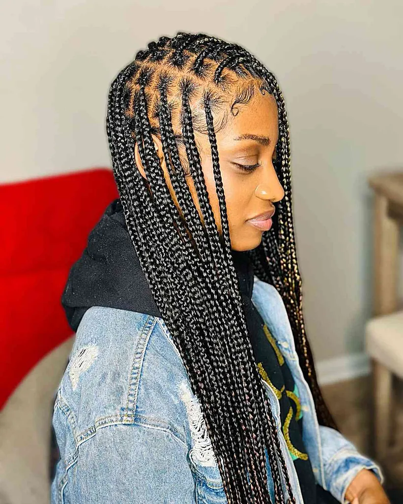 Lange, definierte Box Braids für schwarze Damen mit trendigem Stil' title=