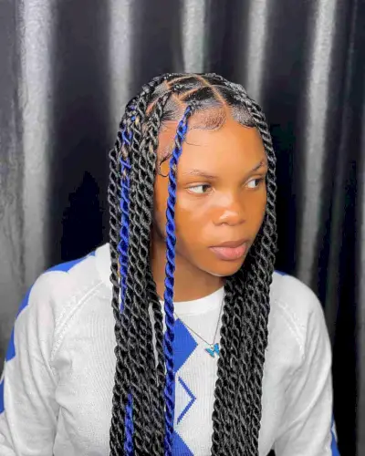Sleek Knotless Twists with Blue Accents