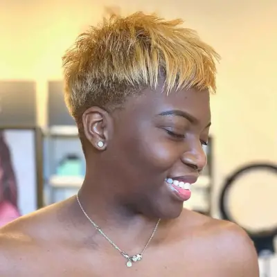 Textured Golden Blonde Pixie Style with Bangs for Black Women