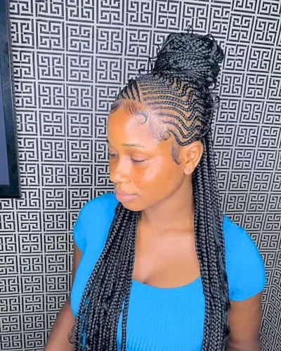 Half Up Cornrow Braids with Bun for Long Black Hair