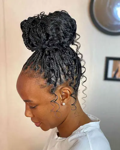 Box Braids Bun Updo with Wavy Pieces