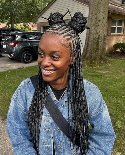 Half-Up Long Hair with Fulani Braids and Buns